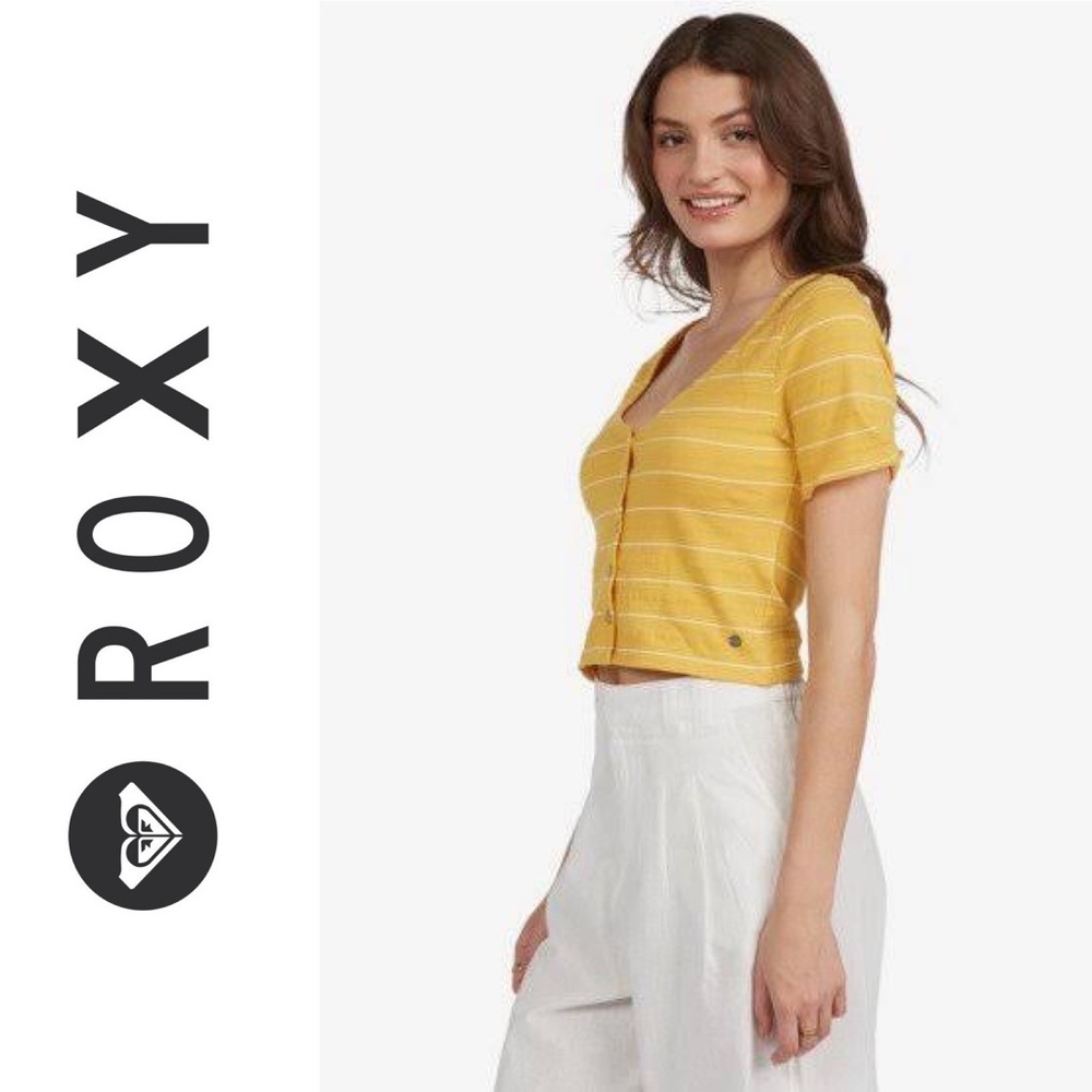 ROXY Yellow Stripe Button Down Cropped Top Womens Size XS